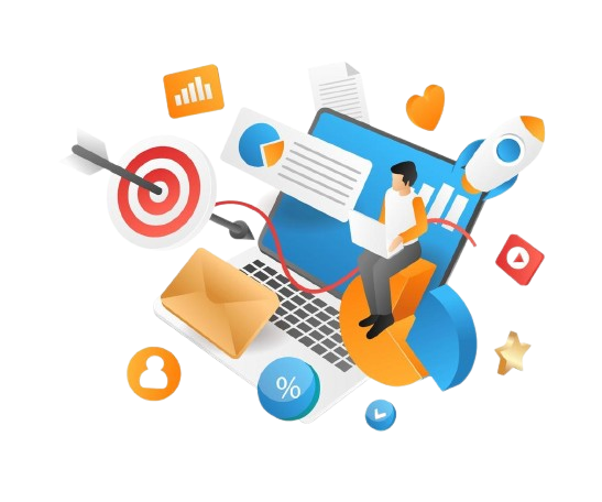 Isometric illustration of modern technology and business growth, orange and white color palette, 3D elements, corporate innovation theme