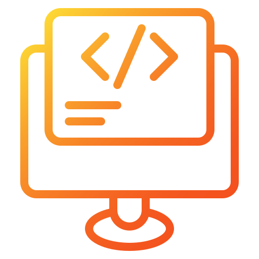 Clean icon-style illustration of modern technology solutions, orange and charcoal colors, minimalist design, corporate branding